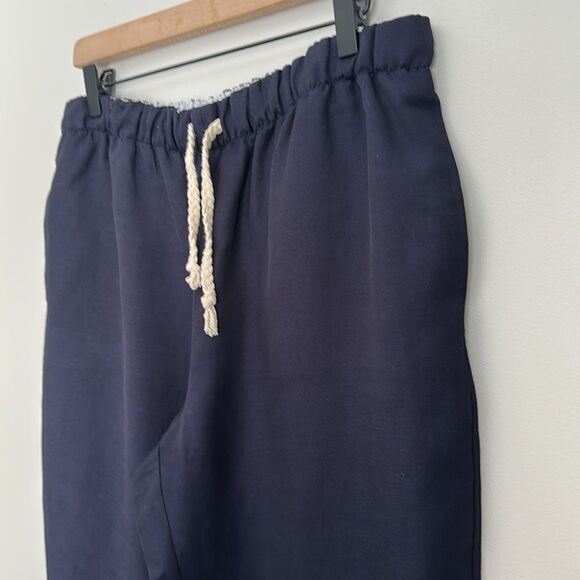 ZARA Women’s Navy Blue Rustic Linen Blend Drawstring Pants Size L - Picture 4 of 10